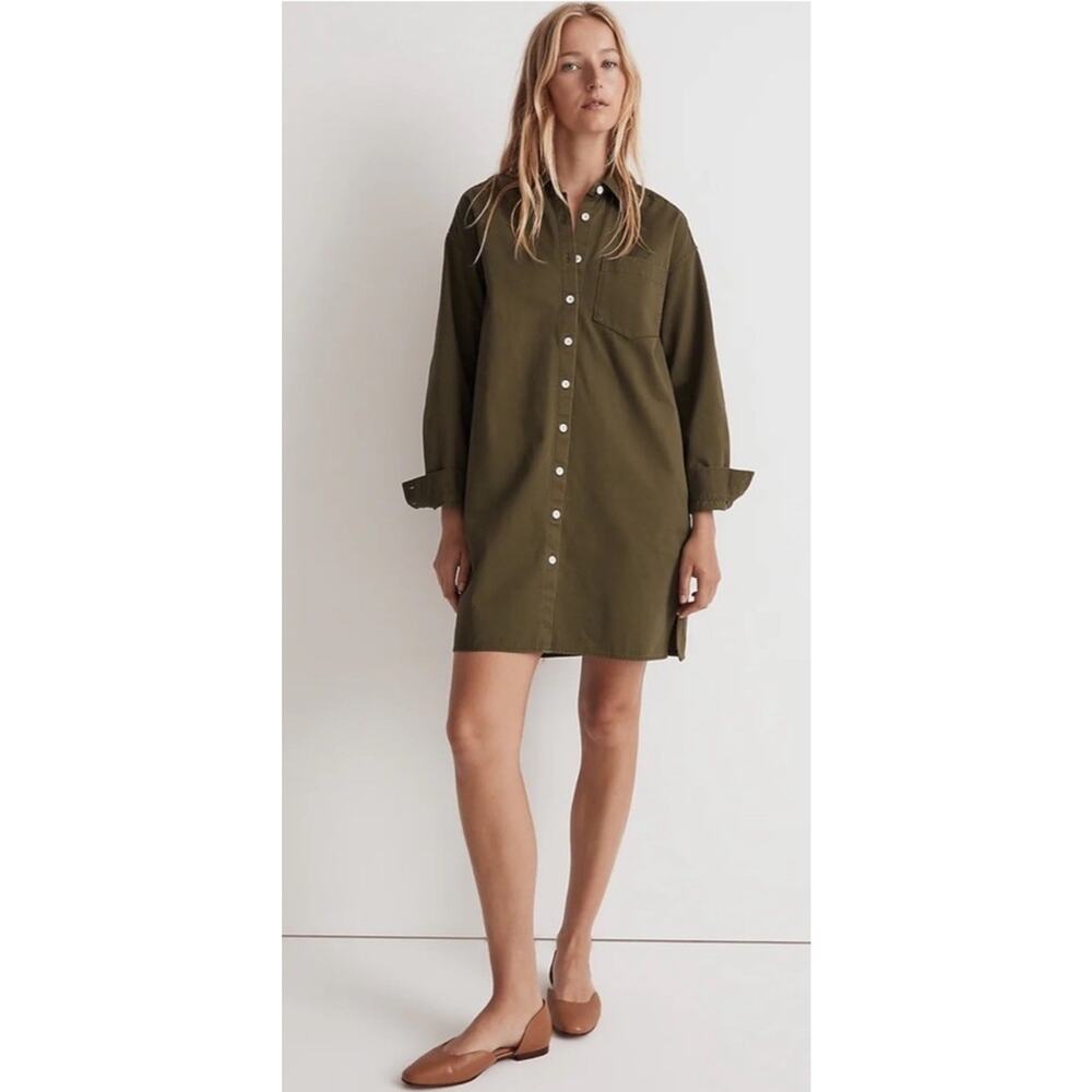 NWT Madewell Mini Chino Shirt Dress Olive Green Quality Cotton Size Small